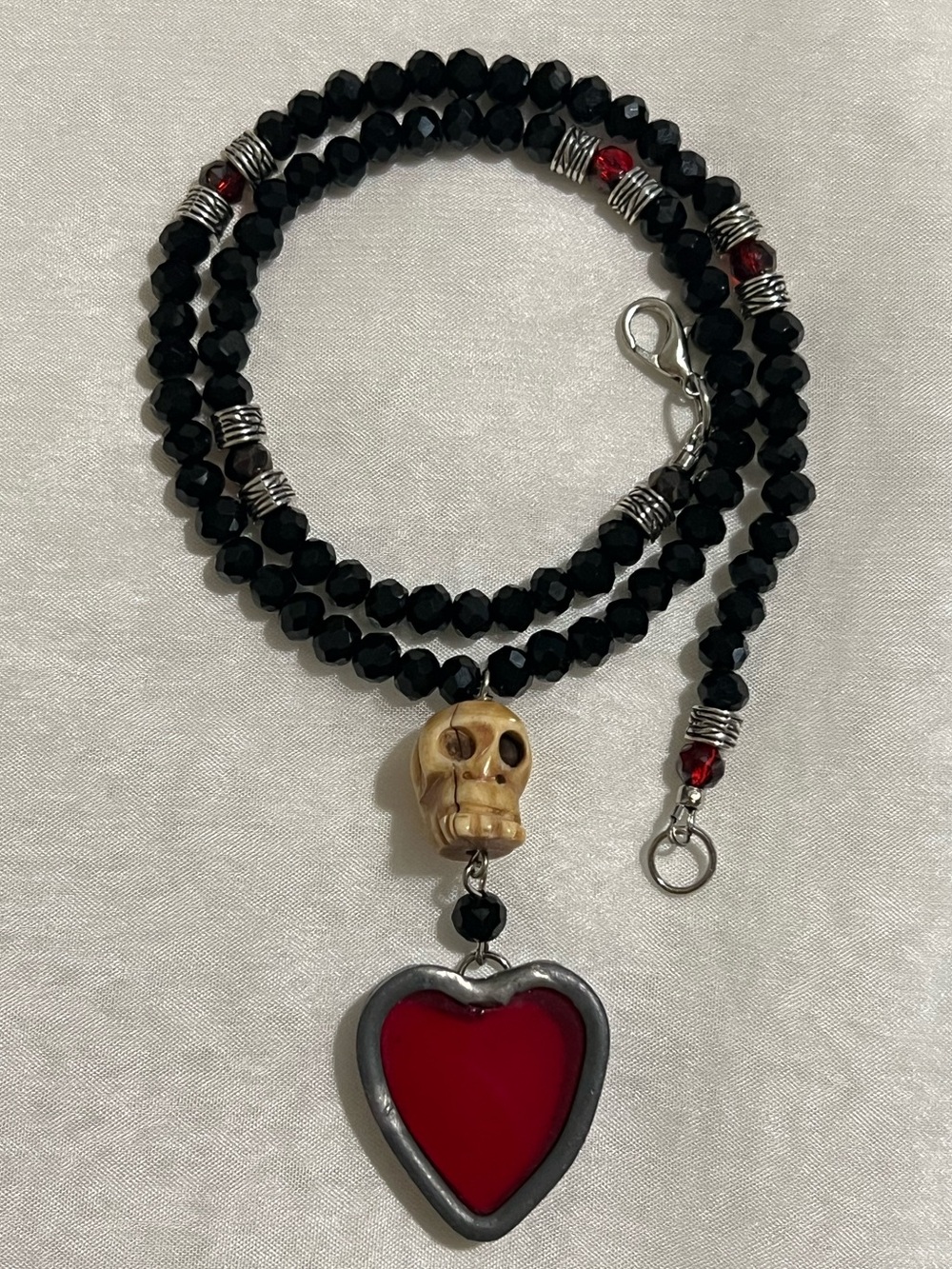 Handcrafted Black Crystal Bead Necklace with Red Steampunk Heart Pendant & Skull - Picture 6 of 12